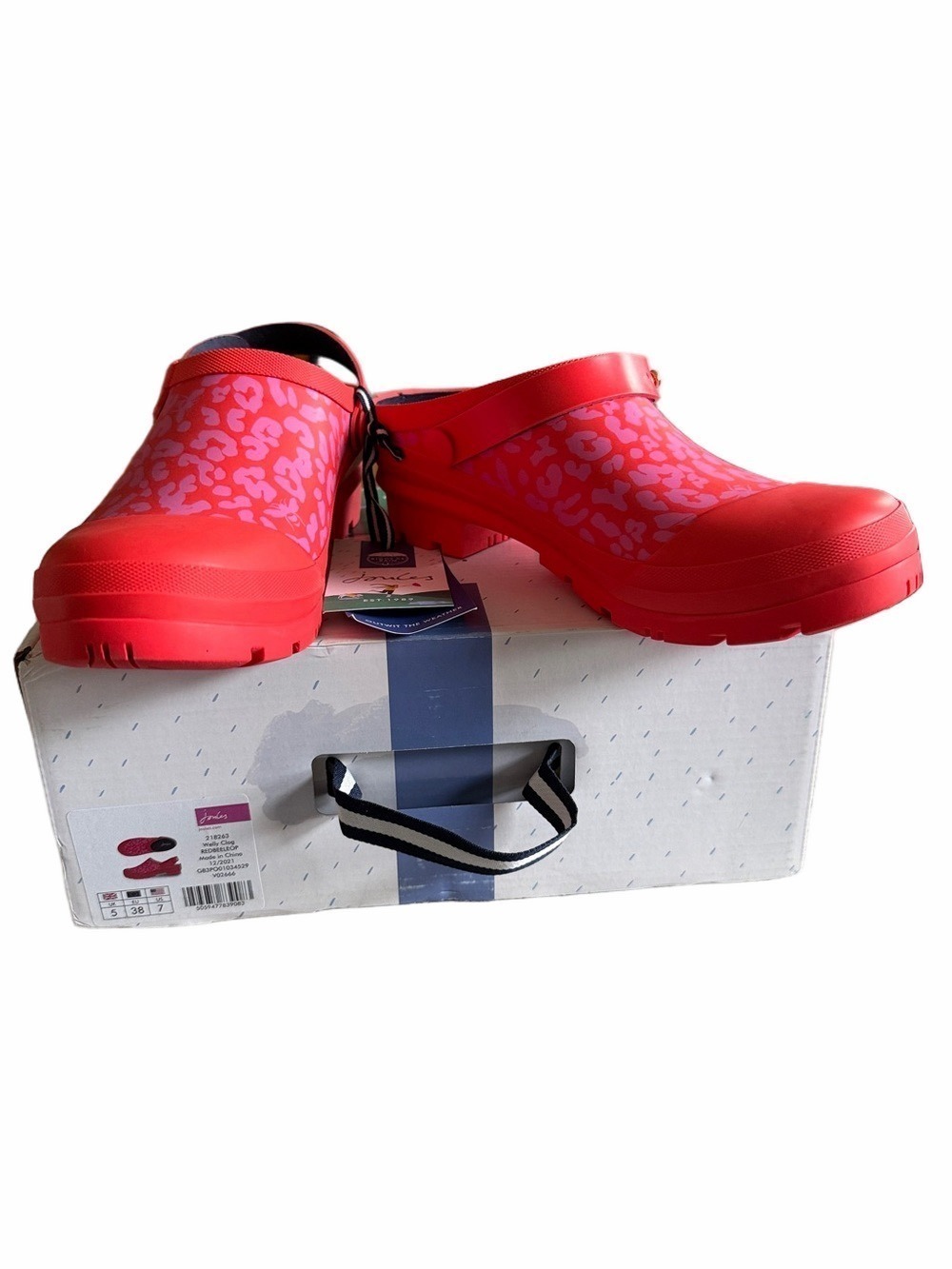 Joules Red & Pink Leopard Print Waterproof Garden Clogs NWB Size 7 Slip-On